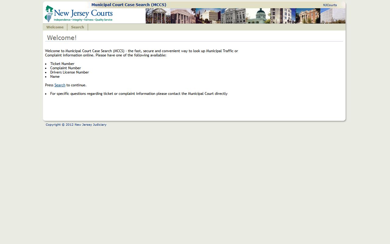 New Jersey Municipal Court Case Search page