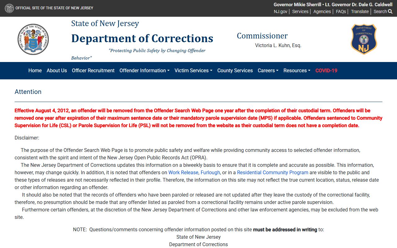 New Jersey inmate population NJDOC offender search warning