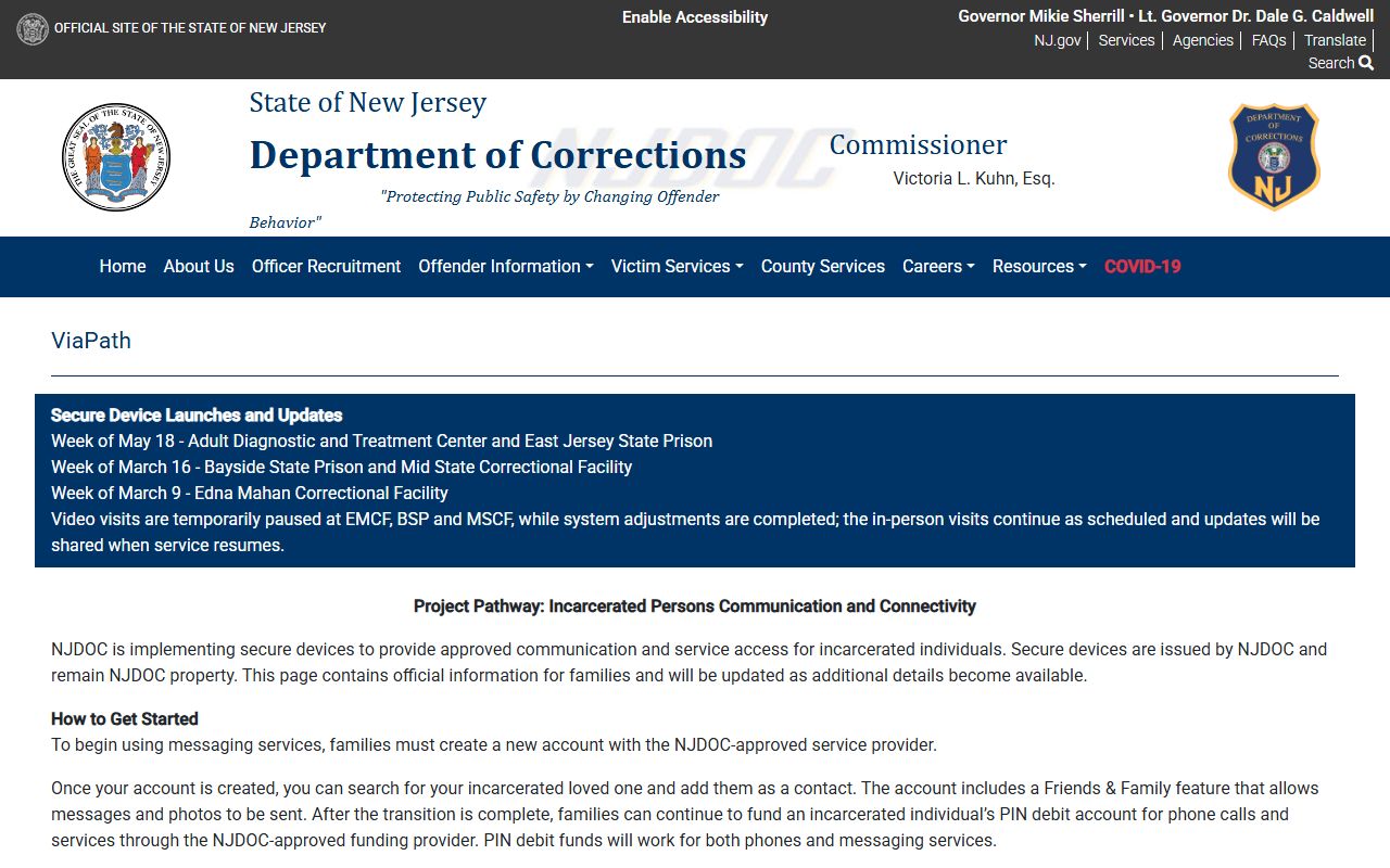 NJDOC inmate population ViaPath communications and money transition